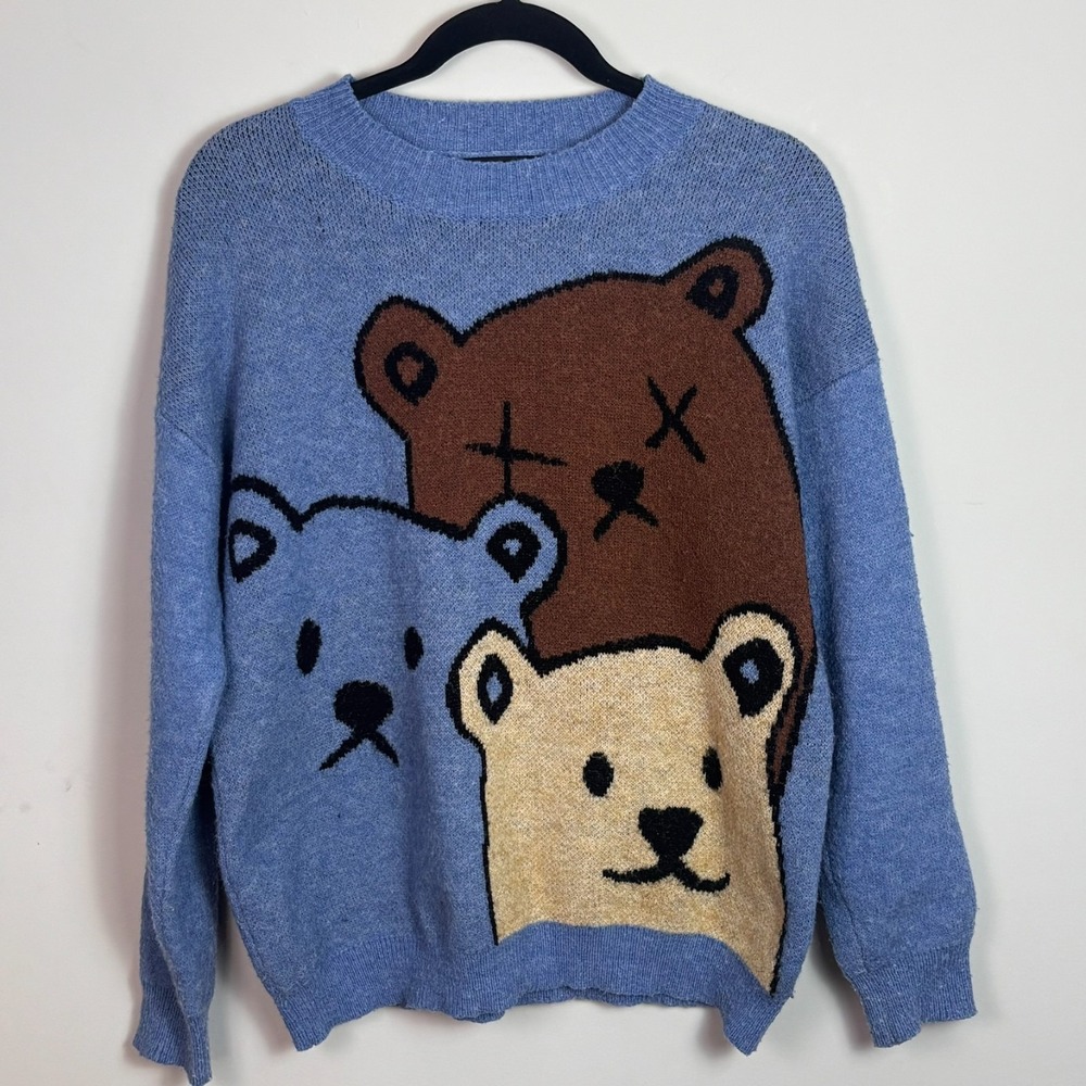 Cider Womens Blue Bear Print Long Sleeve Pullover Sweater size Small streetwear